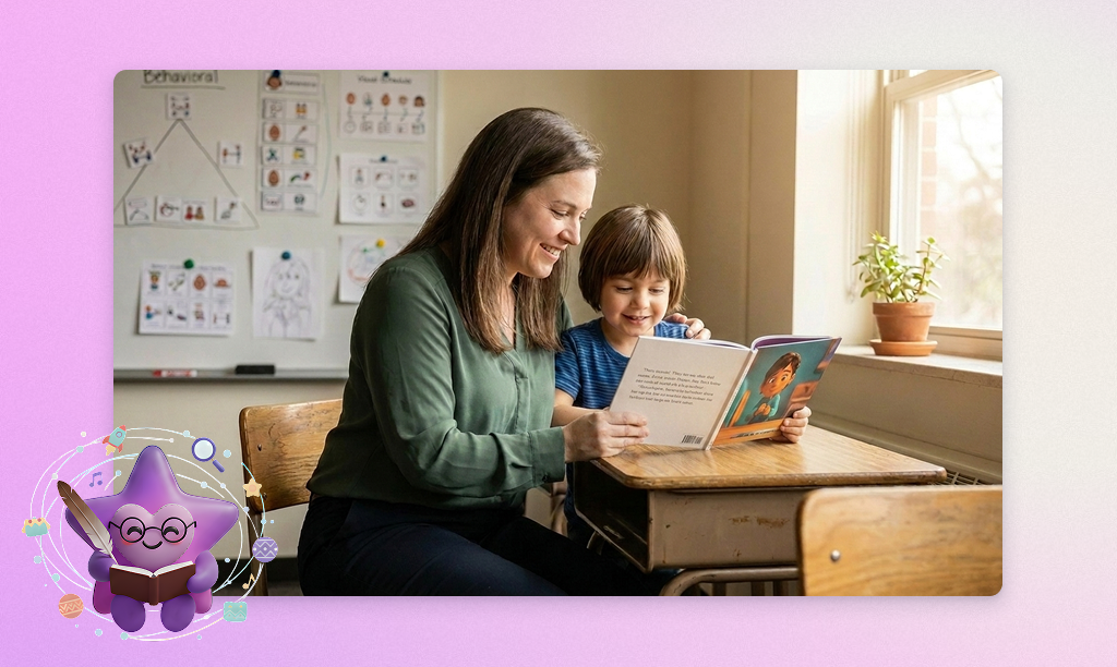 A student reading a personalized Tinyverse social story in a school setting