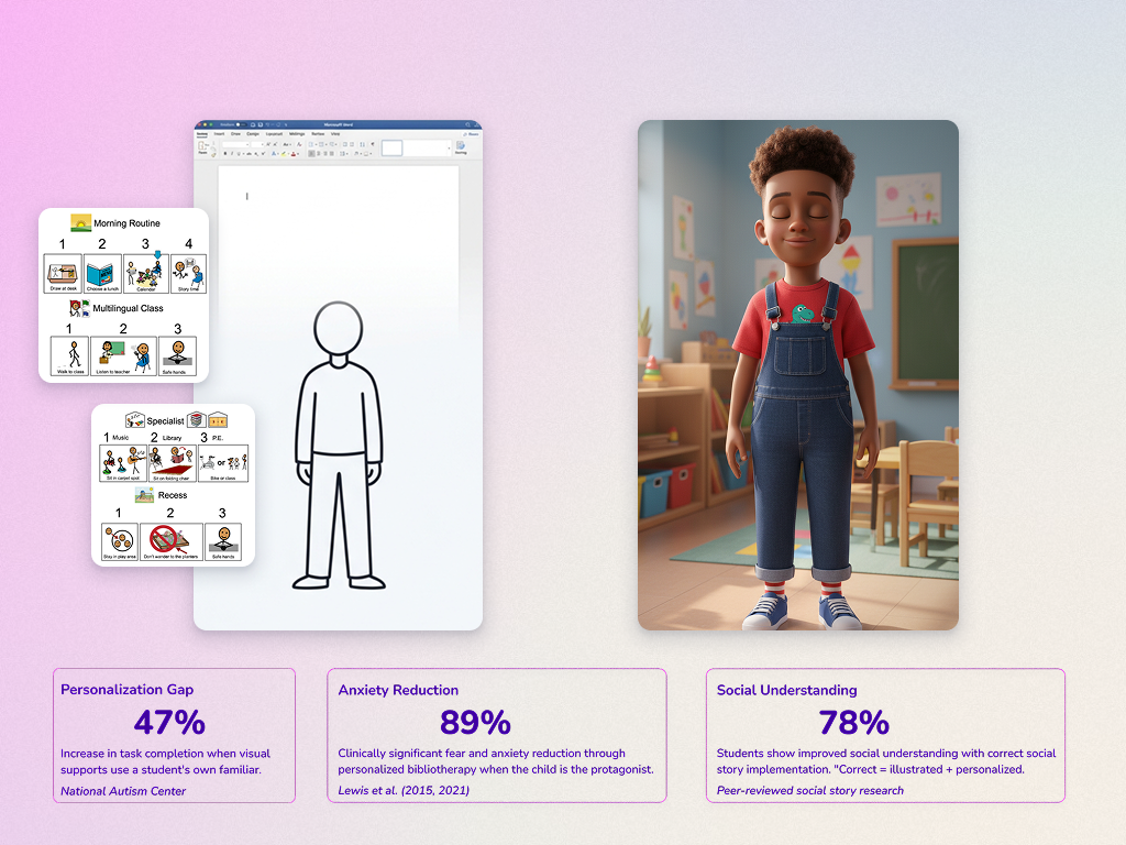 Side by side: a stick-figure clip-art social story versus a Tinyverse-generated personalized illustration
